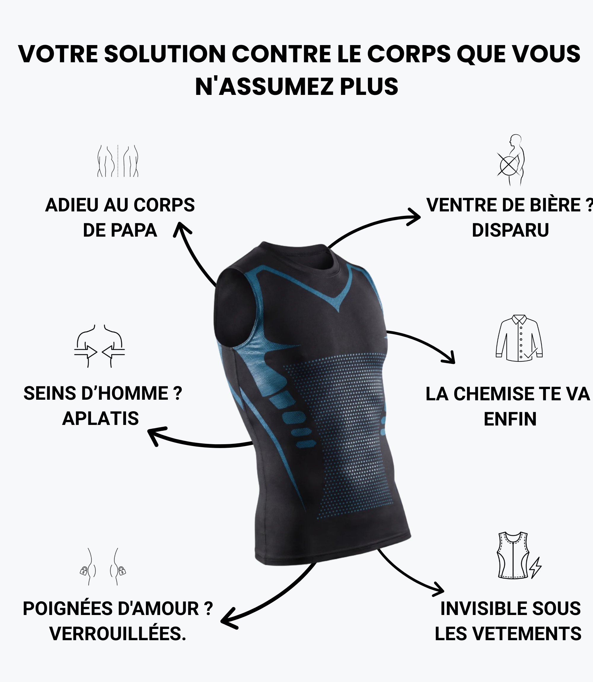 Infographie présentant six transformations possibles avec le débardeur ShapePower